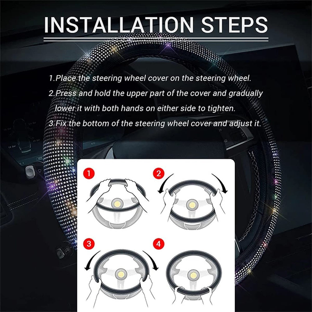 38cm Universal Car SUV Breathable Anti-Slip Bling Rhinestones Steering Wheel Cover for Women Girl with Crystal Diamond Sparkling