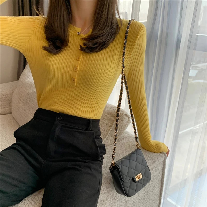 Women's Striped Button Knit Sweater — Slim Crew Neck