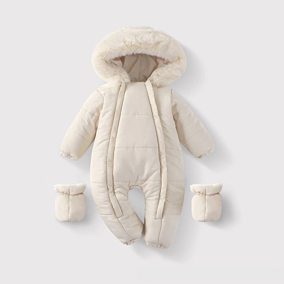 Newborn Hooded Winter Romper with Mittens - Velvet-Lined Baby Jumpsuit