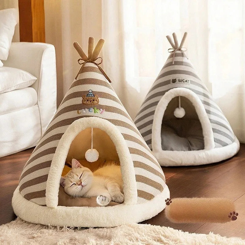 Plush Cat Tent Bed with Removable Cover - Warm House for Indoor Cats