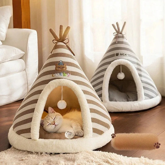 Plush Cat Tent Bed with Removable Cover - Warm House for Indoor Cats