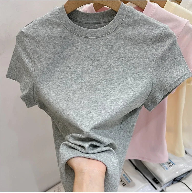 Zjaiss 2026 O-Neck Fashion T-Shirt Summer Sexy Basic Top Solid Short Sleeve Womens Tshirt Casual Korean Tee Streetwear