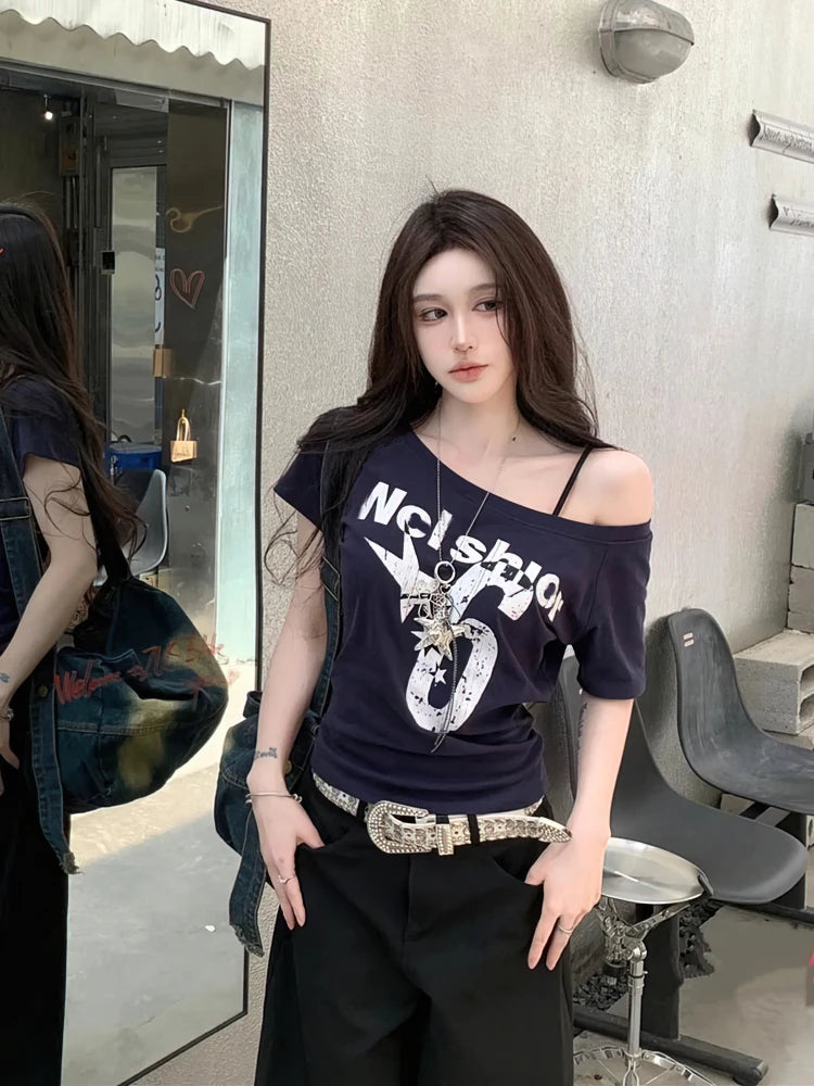 Y2K Off-Shoulder Crop Top — Women's Short-Sleeve Summer Tee