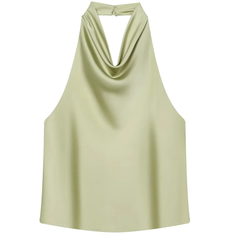 Women's Satin Halter Crop Top — Off-Shoulder Backless Sleeveless Cami