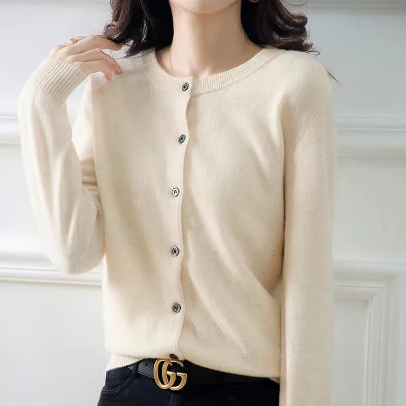 Women's Button-Up Knit Cardigan - Crew Neck Solid Sweater - photo 2