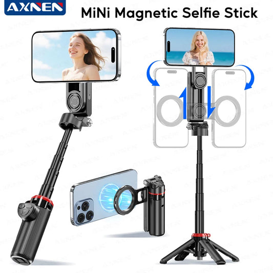 Mini Magnetic Selfie Stick Tripod Removable Remote Control Quadrapod Holder 360° Rotation for iPhone 16 15 14 13 12 Vlog Live