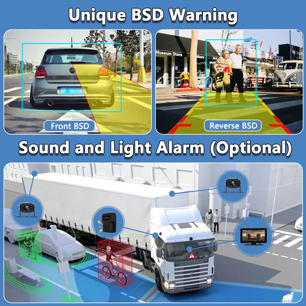 7 inch Truck DVR System BSD Sound and Light Alarm 2CH 1080P Night Camera Touch Screen MP5 BT AHD Monitor 24H Parking Recorder
