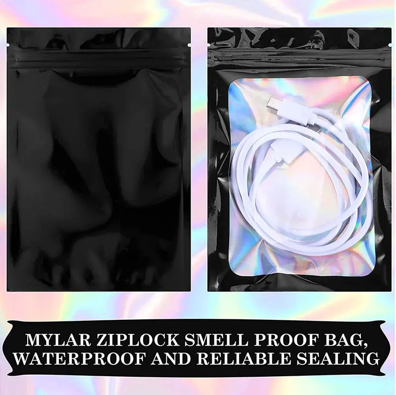 100Pcs Holographic Ziplock Bag Plastic Laser Iridescent Zip Bags for Manicure Eyelash Display Earrings Ring Jewelry Stoage Bags