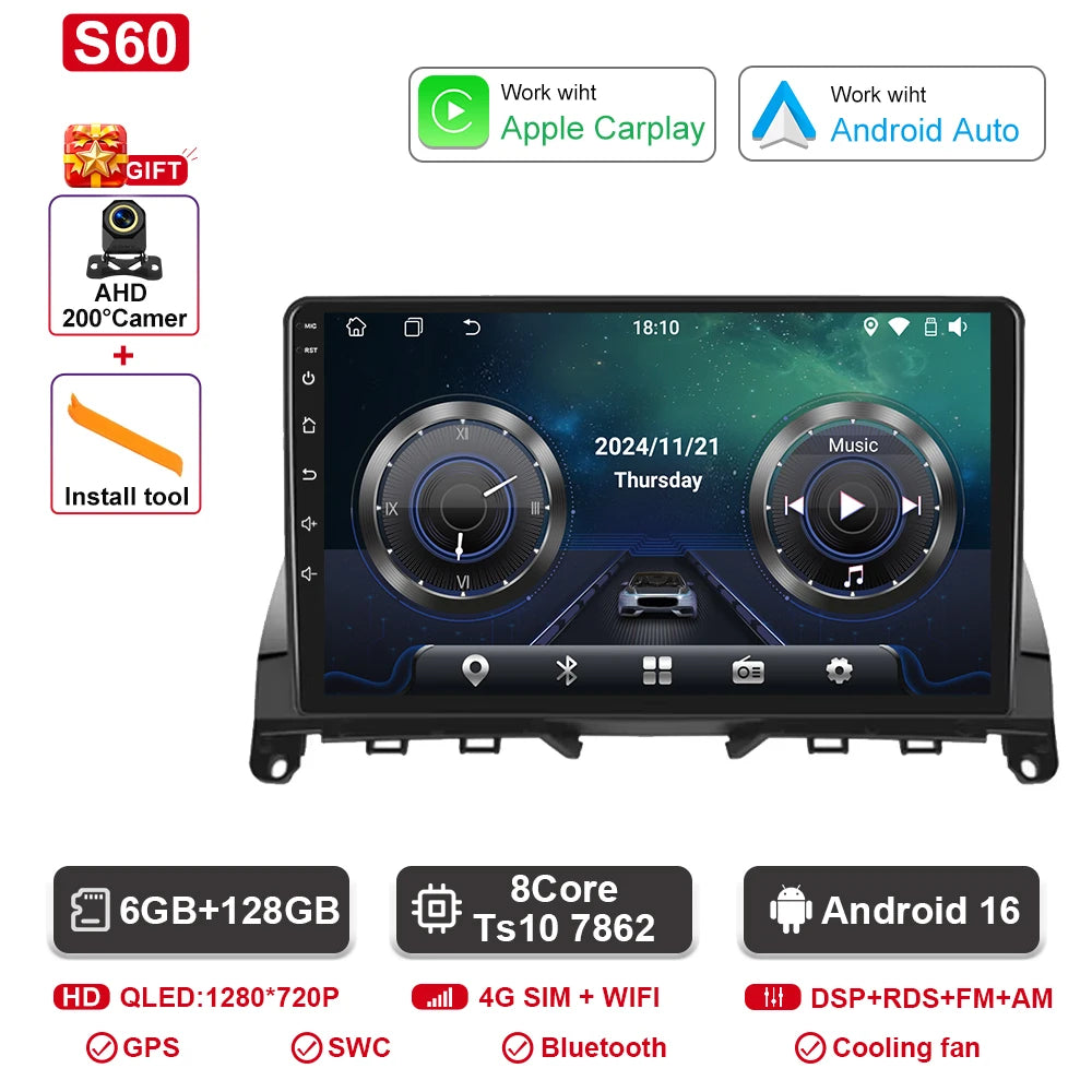 Android  For Mercedes Benz C Class 3 C220 C180 W204 S204 2006 - 2011 Car Auto Carplay Radio Multimedia Screen GPS Navigation  BT