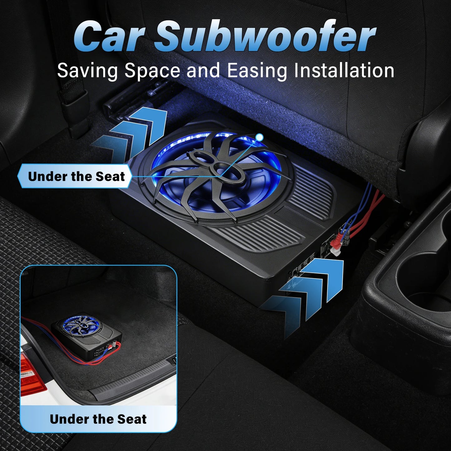 10 Inch Under Seat Subwoofer, Active Car Subwoofer, Compact Under Seat Sub 12V with Blue LED Ambient Light for Trucks, Vehicles with Limited Space