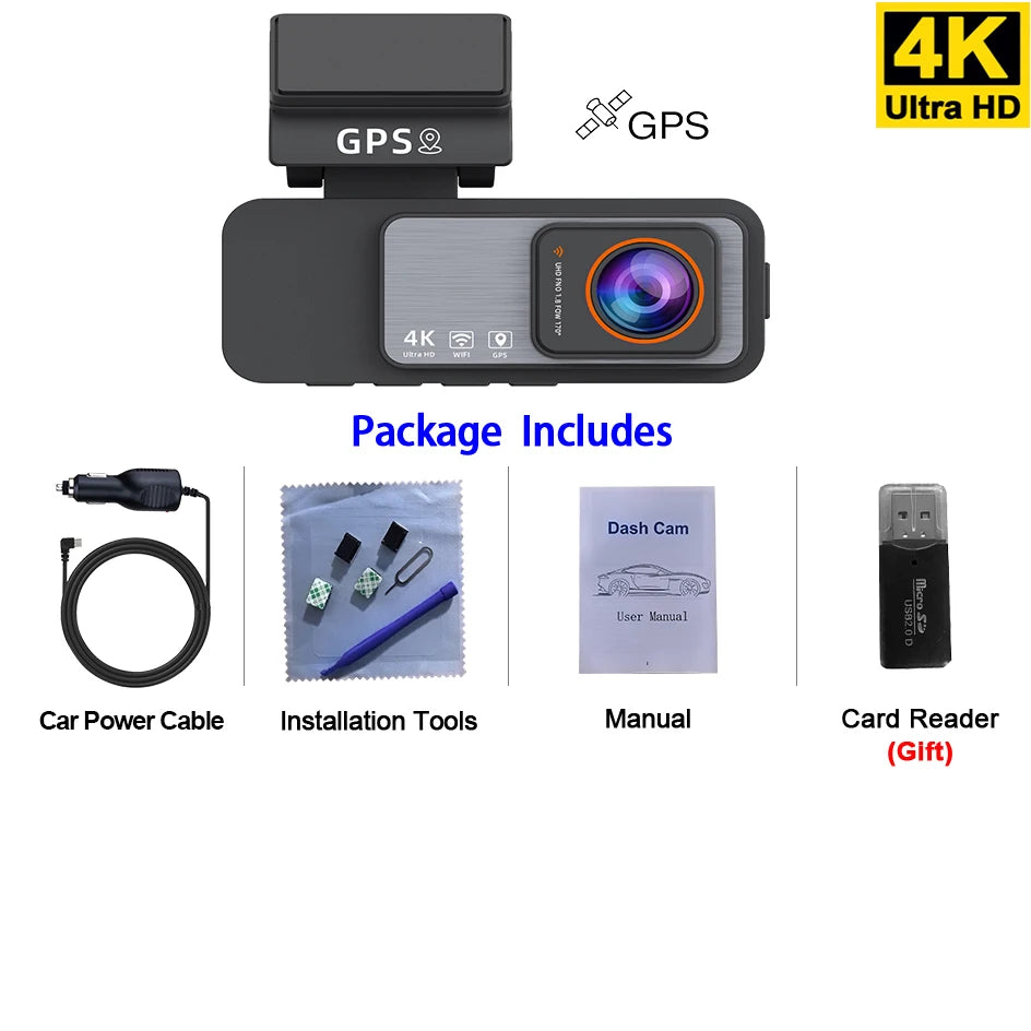Dash Cam 4K UHD Recording Car Camera DVR Night Vision Video Recorder GPS Wi-Fi Support Dual Lens Room 2.5K Rear View Camera