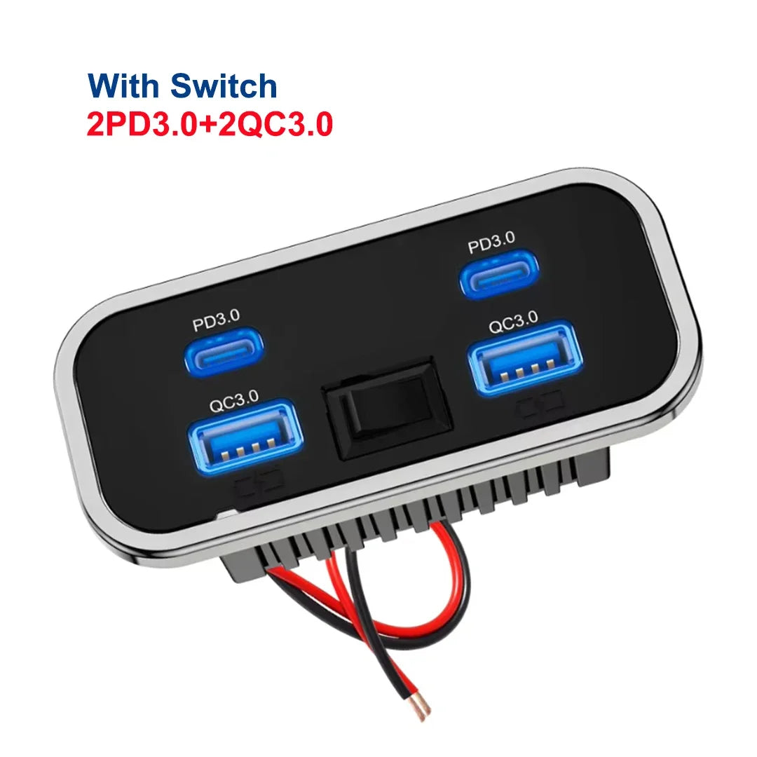 12V-24V 4 Ports Dual USB PD3.0 QC3.0 Outlet 76W Type-C Quick Charge Panel Wall Mount Charger Adapter for Marine Bus ATV Truck RV