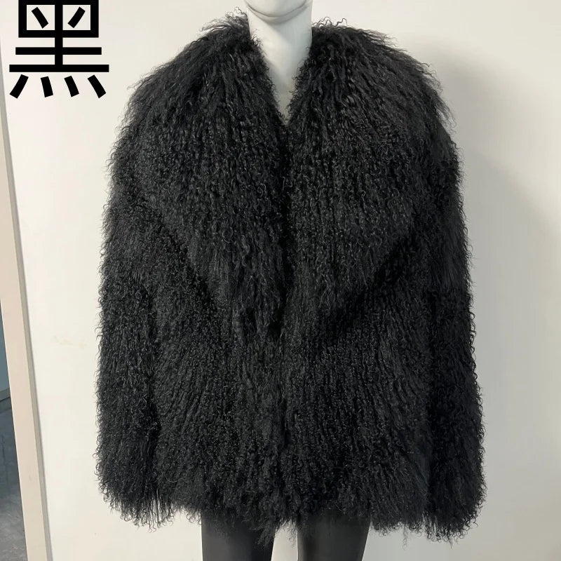 Women's Mongolian Sheep Fur Coat, Turn-Down Collar