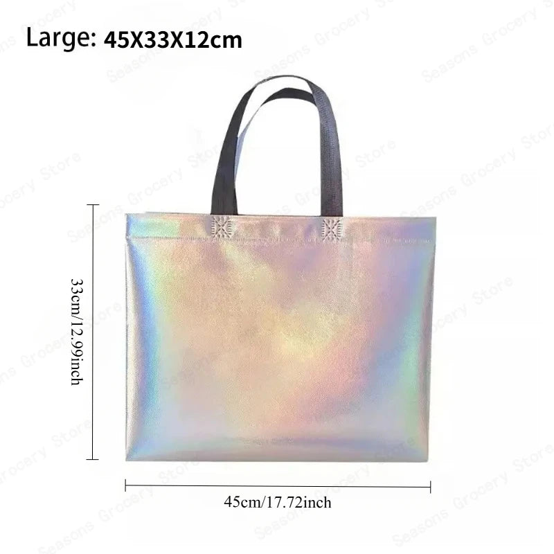 10Pcs Reusable Silver Laser Tote Bag Durable Non Woven Gift Shopping Bag for Wedding Bridesmaid Party Birthday Eco Friendly