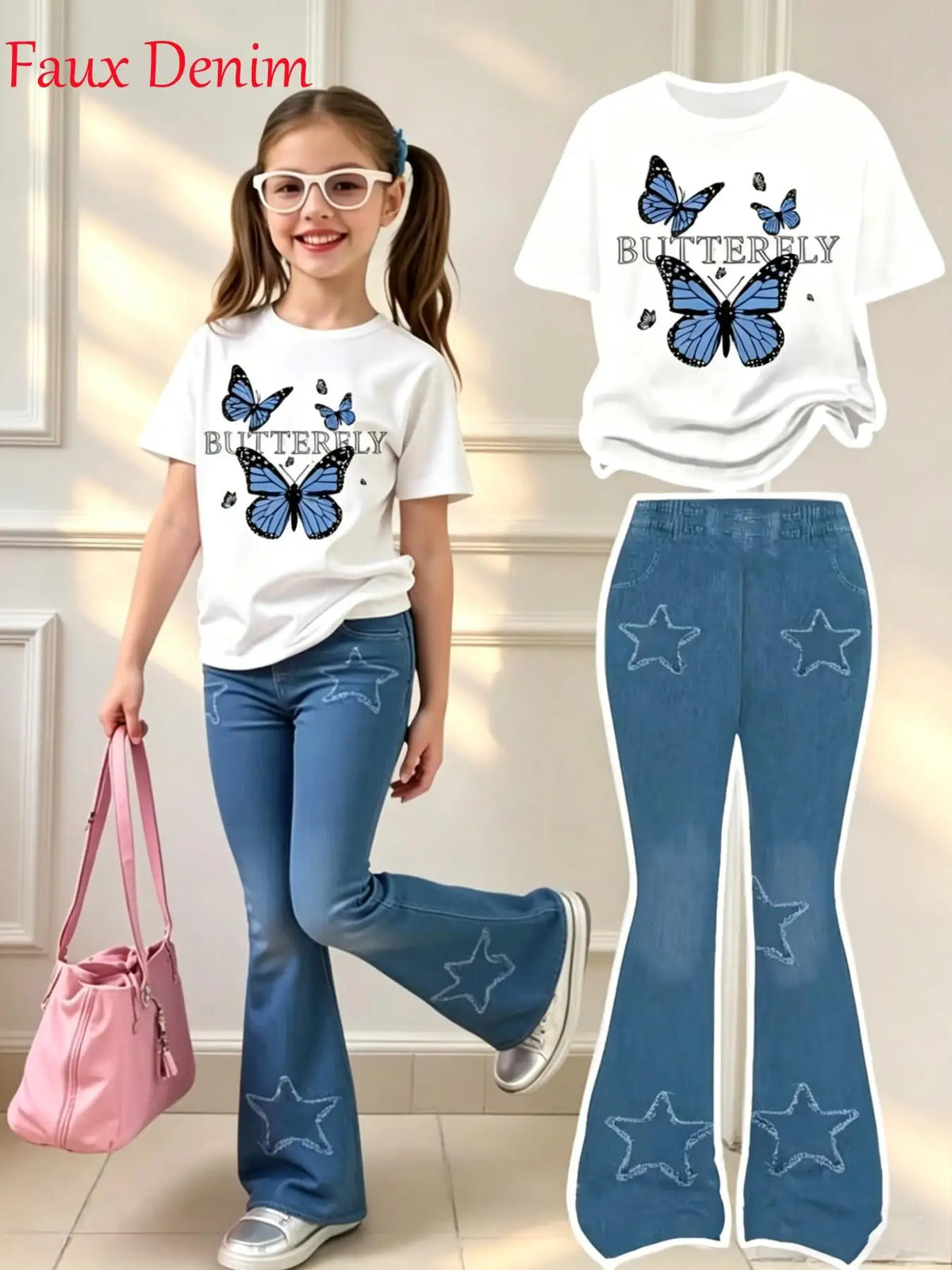Girls' Summer Casual Outfit: White Butterfly Print T-Shirt + Blue Faux Denim Star Bell-Bottom Pants, Two-Piece Set Suitable for Children Aged 4-12, Versatile Clothing for Home and Outings
