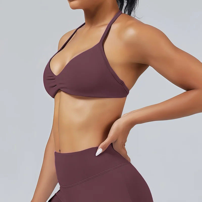 HISTELLO Df Solid Color Impact Strappy Bra Women Seamless Yoga Underwear Fitness Workout Halter Top Running Gym Sports Bra