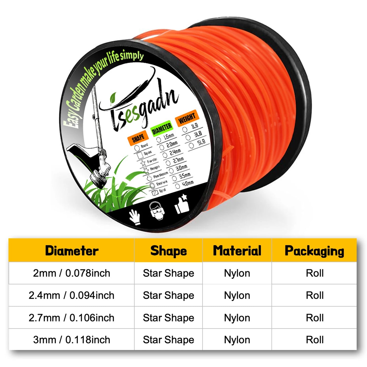TSES 1LB Trimmer Rope Star Shape, String Trimmer Line, Commercial Grade Pentagon Weed Eater Spool, Premium Nylon Universal
