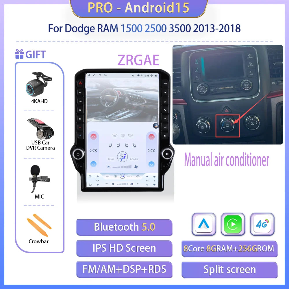 14.5" Android 15 Car radio multimedia player For Dodge RAM 1500 2500 3500 2013-2018 GPS Navigation Tesla Screen Wireless Carplay
