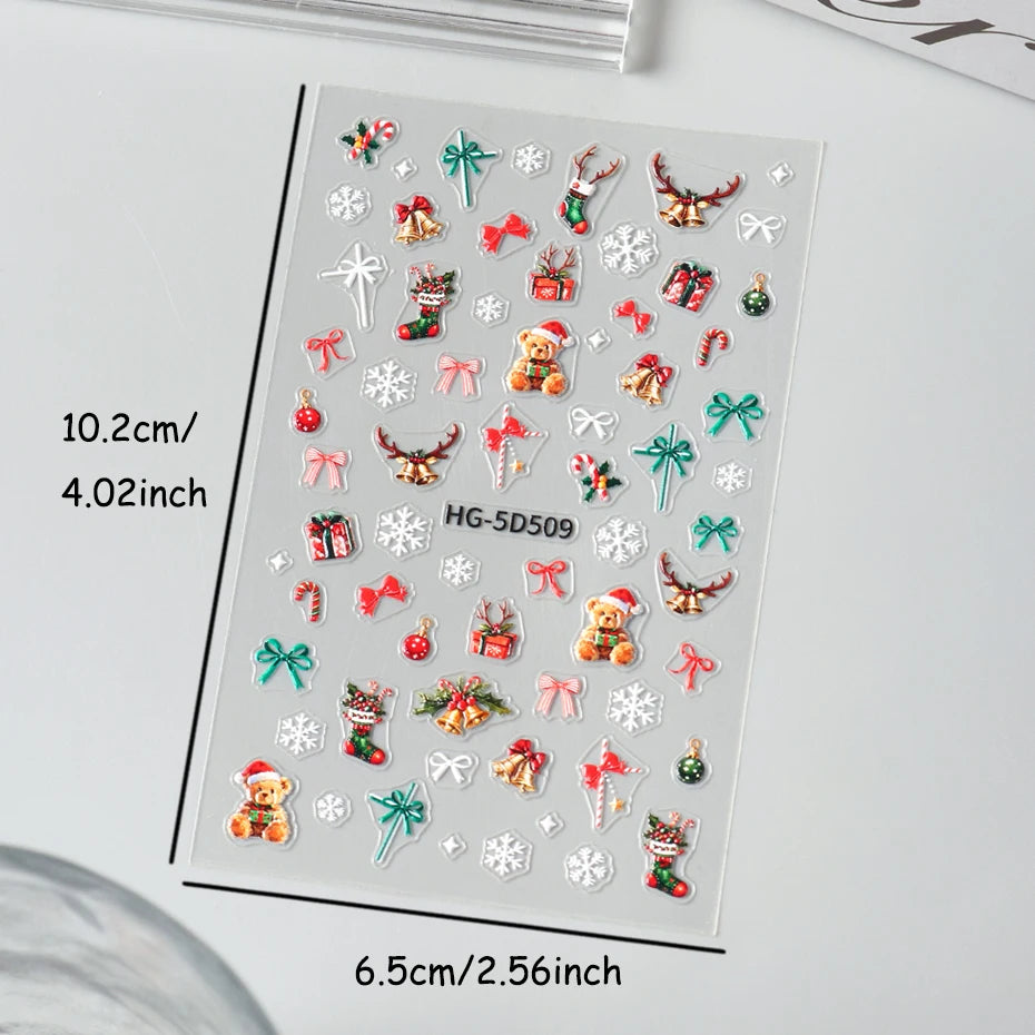 5D Embossed Cartoon Bear Snowflake Nail Stickers Christmas Trees Bow Self-Adhesive Decals for Nails Winter Christmas Nail Decor