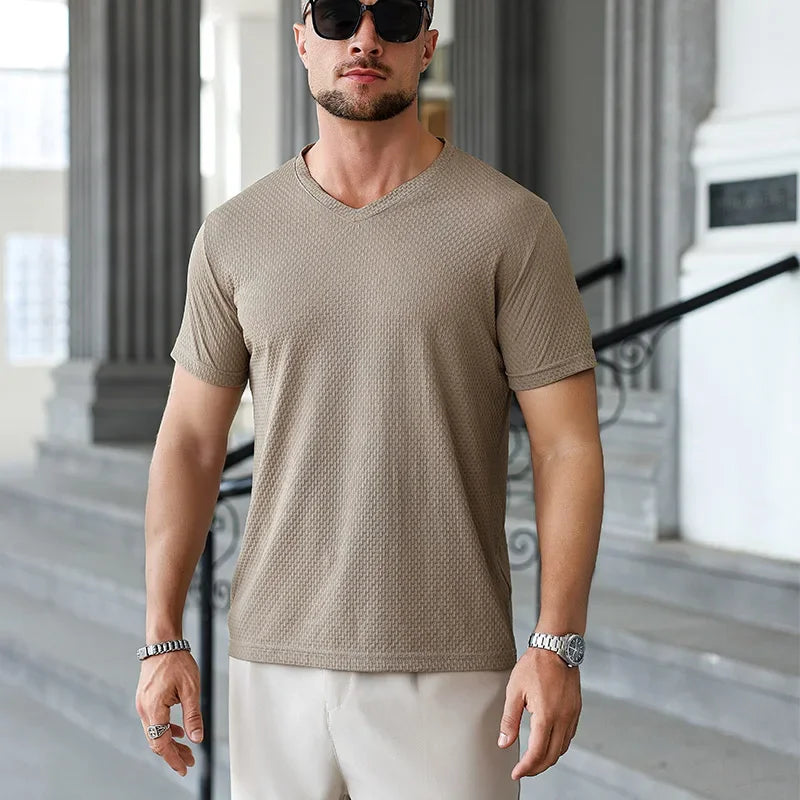 Men's Ice-Silk V-Neck Tee - Jacquard Quick-Dry, Casual Daily Wear