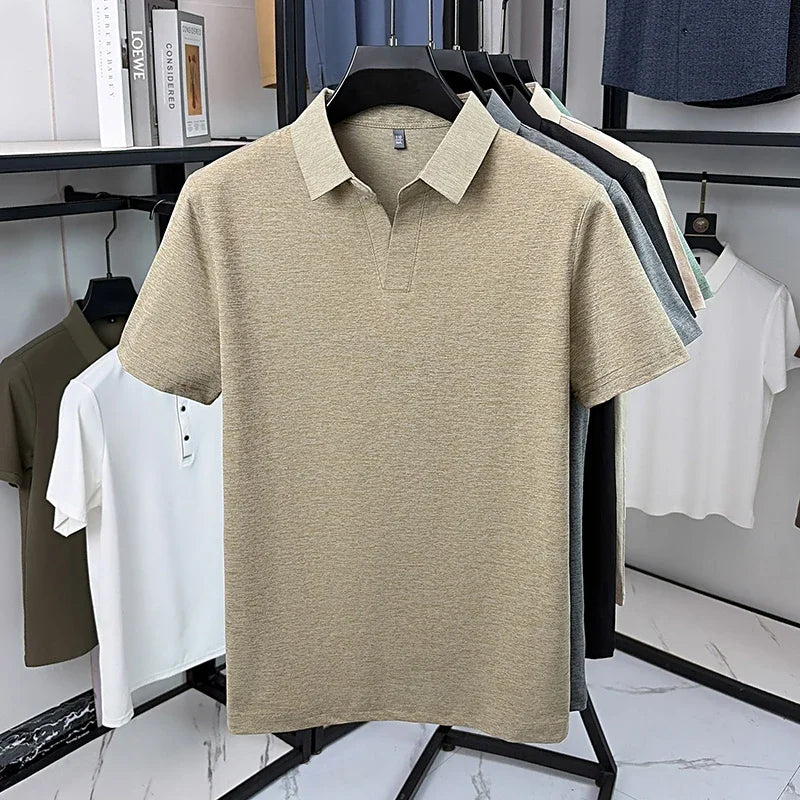 Men's Heather Knit Polo Tee - V-Open Lapel, Anti-Wrinkle Stretch