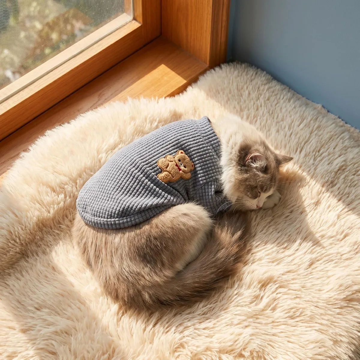 Gray Waffle Knit Cat Sweater - 3D Bear Embroidery Pet Pullover - photo 6