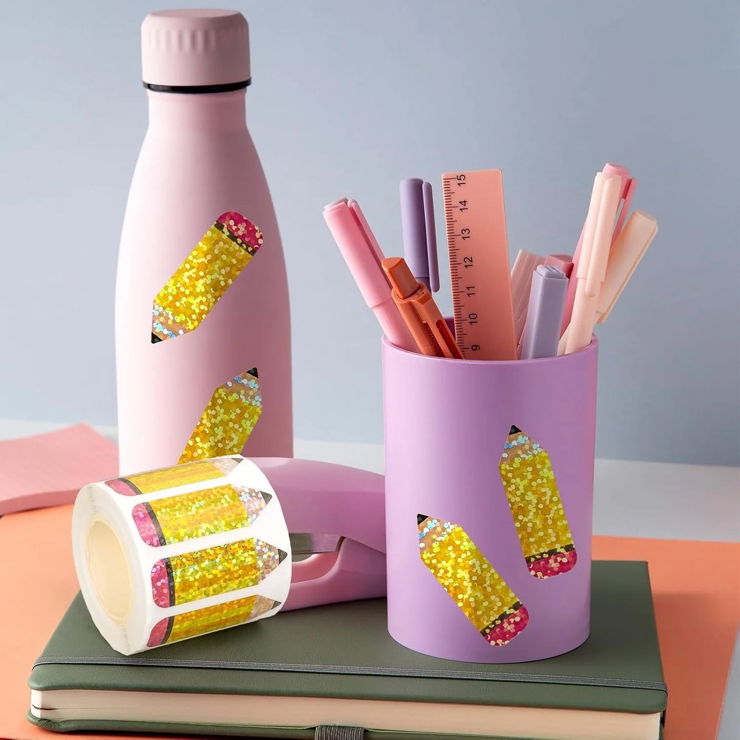 100-500pcs Laser Gold Pencil Stickers Party Gift Wrapping Label Scrapbook Cartoon Rewards Stationery Stickers