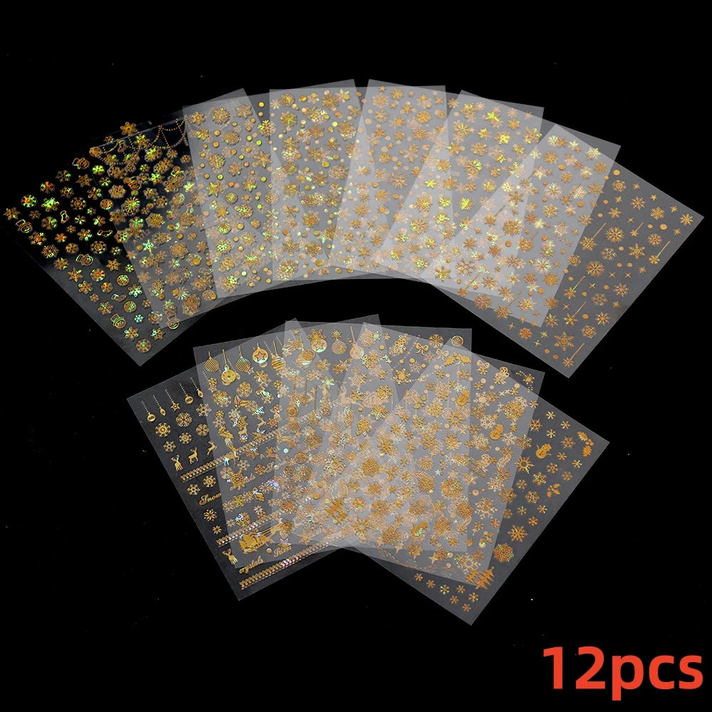 12pcs 3D Snowflake Nail Stickers Red Christmas Designs Nail Art Decals Geometric Lines New Year Winter Gel Foils Sliders Decors*