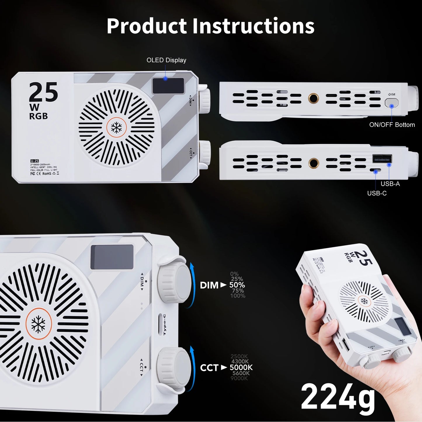 25W RGB LED Camera Light Video Fill Lamp Dimmable 2700K-6200K CRI≥96 TLCI≥97 Built-in 5600mAh Portabl LED Video Light for TK YT