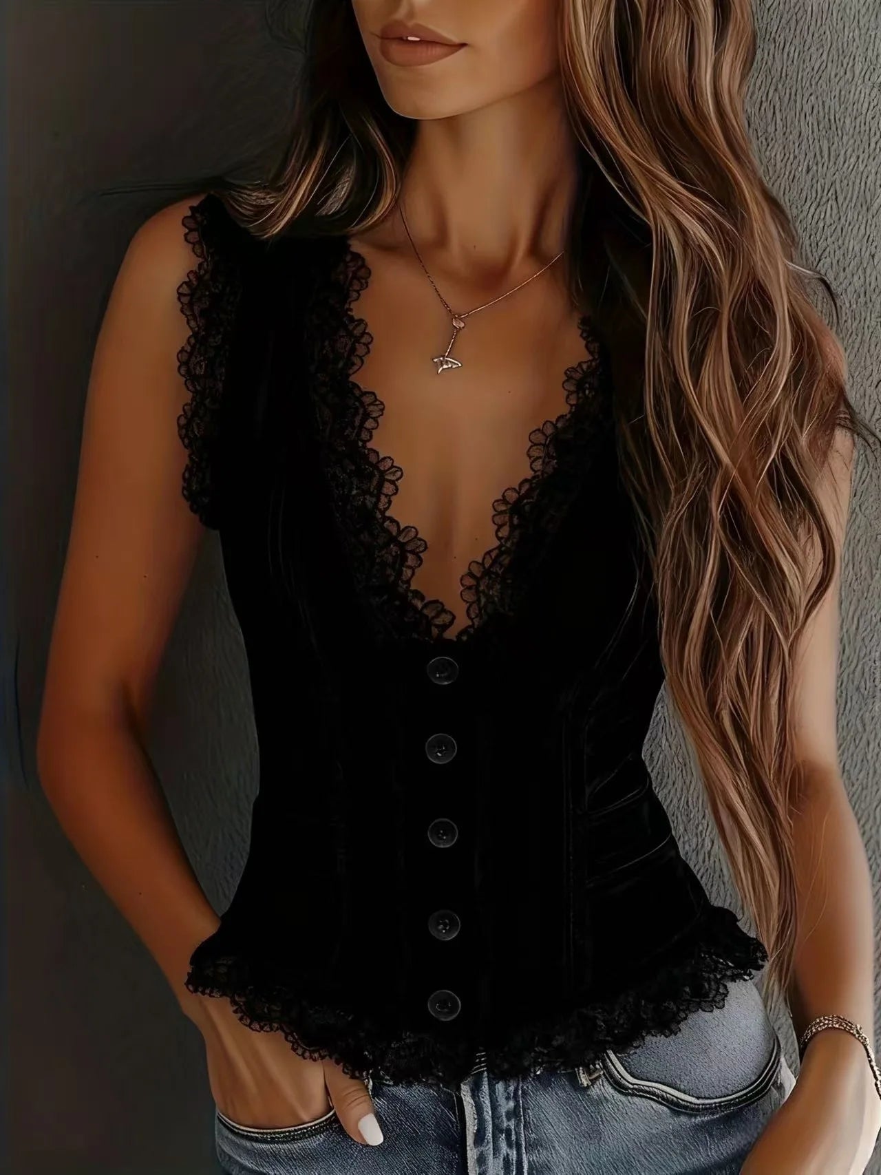 Women Lace Patchwork PU Vest Deep V Neck Single Breasted Crop Top Sleeveless Button Corset Top Fashion Party Club Streetwear