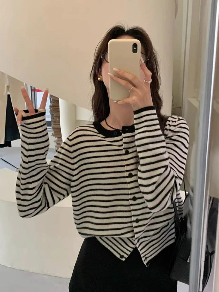 Women's Striped Cropped Knit Cardigan - Round Neck Button Sweater
