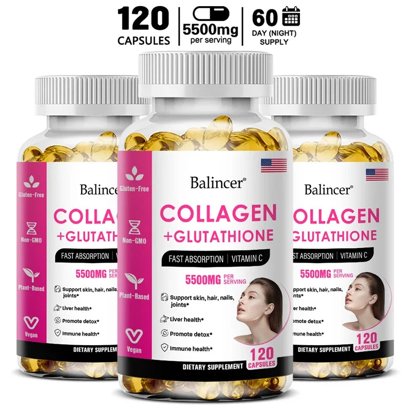 Bcuelov Glutathione & Collagen Supplement – Antioxidant Whitening Capsules for Skin Health, Hair, Nails & Anti-Aging | 30/60/120 Count