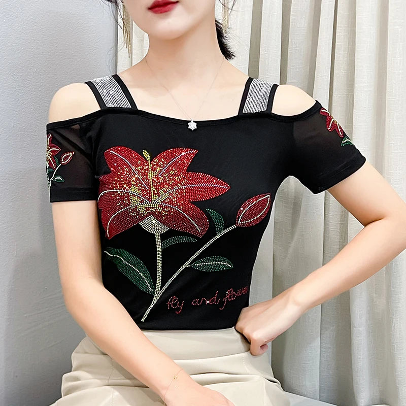 Women's Off-Shoulder Rhinestone Mesh Top