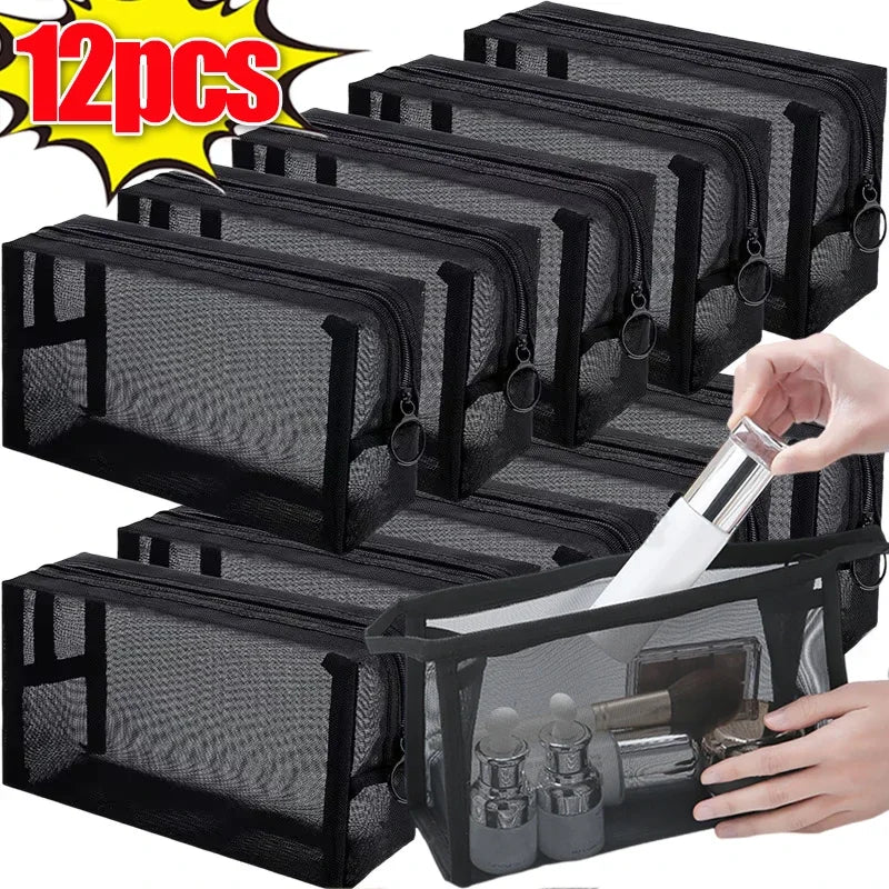 12-1PCS Clear Mesh Storage Bag Small Large Black Cosmetic Bag Portable Travel Toiletry Container Pouches Bags Bathroom Organizer