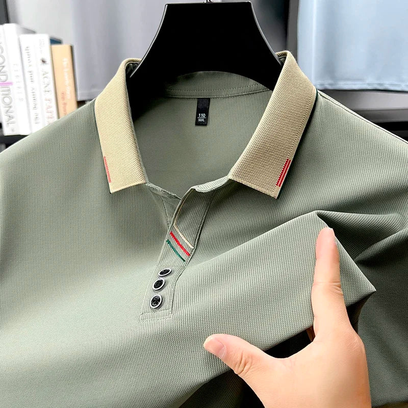 Men's Lapel Polo - Decorative Stripe Placket, Breathable Mesh