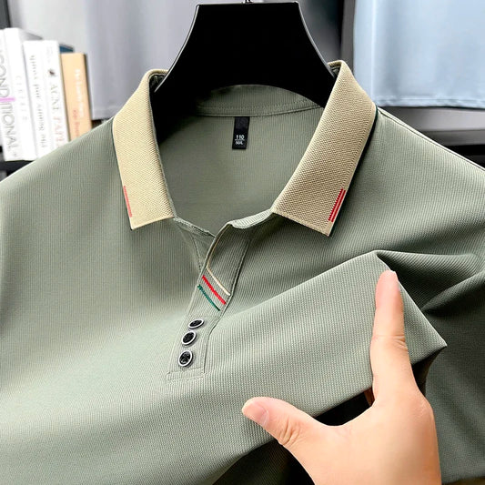Men's Lapel Polo - Decorative Stripe Placket, Breathable Mesh