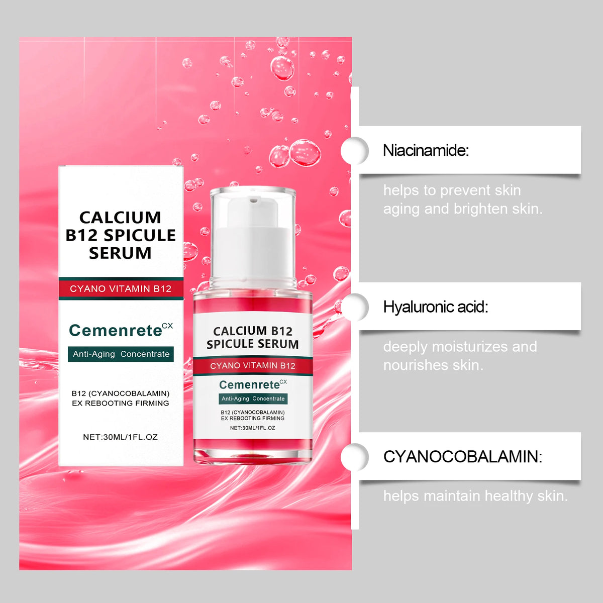 Serum ingredients: niacinamide, hyaluronic acid, B12