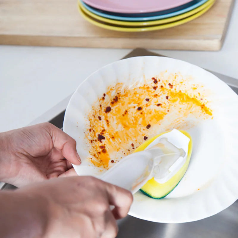 Sponge Pot Brush – Powerful Stain Removal, Automatic Liquid Dispensing, Handle, Oil-Resistant