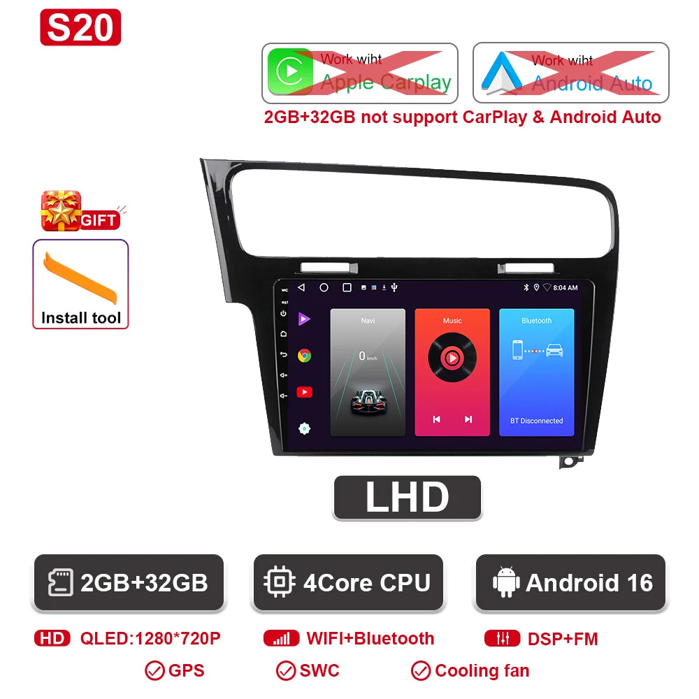 Android Car Stereo for VW Golf 7 MK7 GTI (2012–2021, RHD) — CarPlay, Android Auto, GPS, 2-DIN