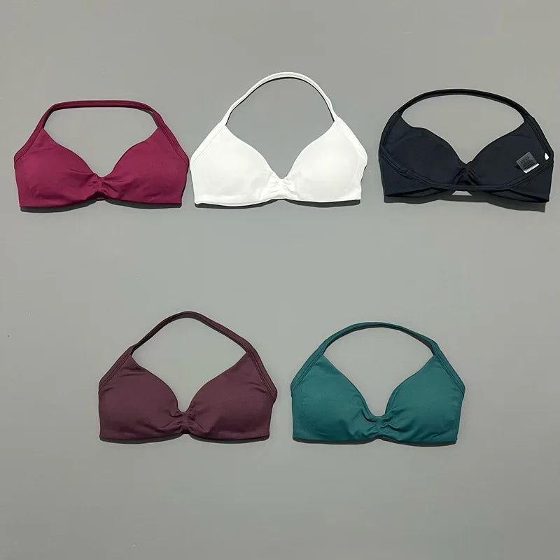 HISTELLO Df Solid Color Impact Strappy Bra Women Seamless Yoga Underwear Fitness Workout Halter Top Running Gym Sports Bra
