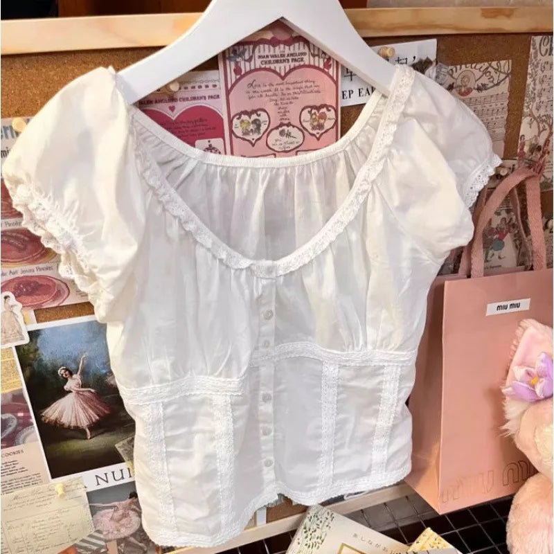 White Lace Tied Square Neck Summer T-shirts Chic Elegant Short Sleeve Tee Cotton Y2K Street Casual Bow Tie-up Top Women