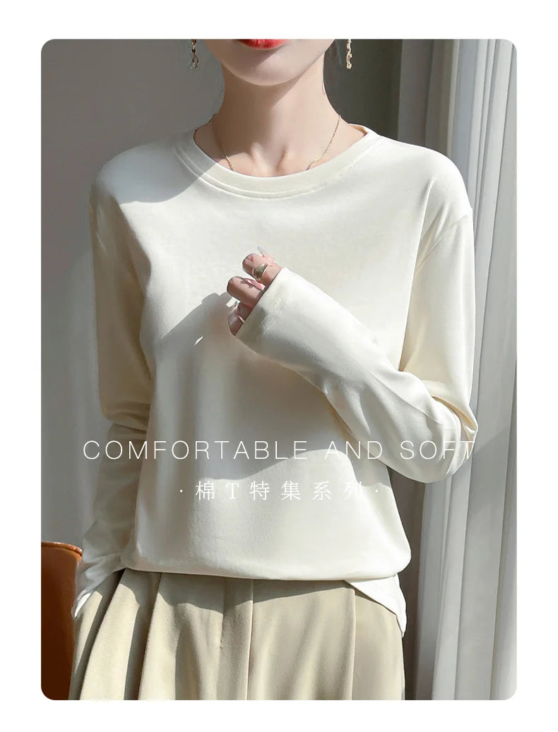 Spring And Summer New Mercerized Cotton Long Sleeve T-shirt Women's Round Neck Loose 100% Cotton Bottoming T-shirt