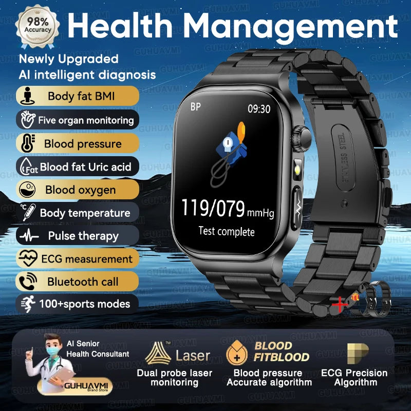 GUHUAVMI 2026 AI Health Smartwatch – ECG+HRV, Blood Pressure, Uric Acid & Blood Lipid Monitor | 2.04" AMOLED Sapphire | Bluetooth Calling | Men & Women