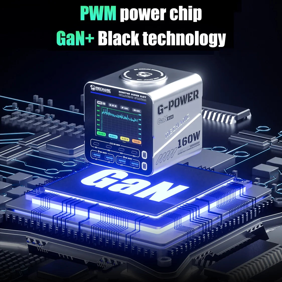 MECHANIC G-POWER Series 115W/160W Desktop Super Fast Charging Station Type-C USB Port 15W PD QC3.0 GaN Wireless Charging Support