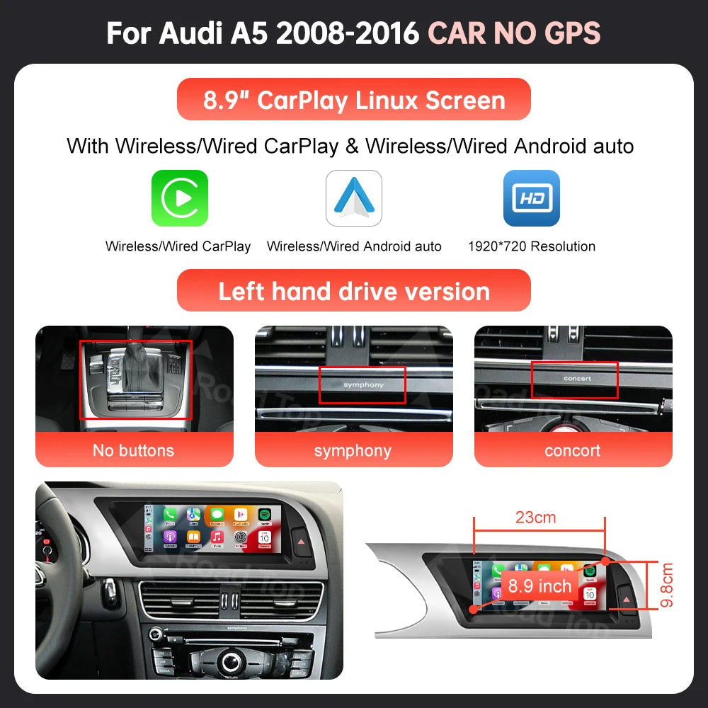 8.9'' 12.3" Car Multimedia Display Linux Screen For Audi A5 S5 2008-2016 With Wireless Carplay Android Auto Airplay Autolink
