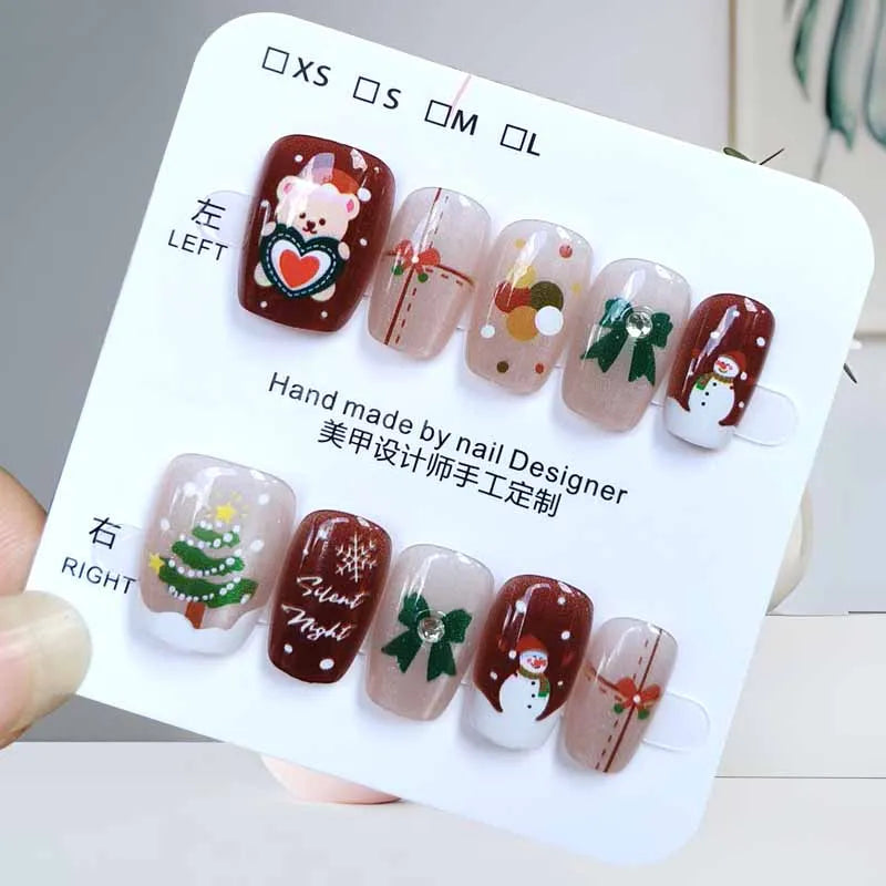 10 Pcs Christmas Atmosphere Press on Nails Cute Christmas Tree Bear Snowflake and Santa Claus Handmade Nails Patch Fake Nails