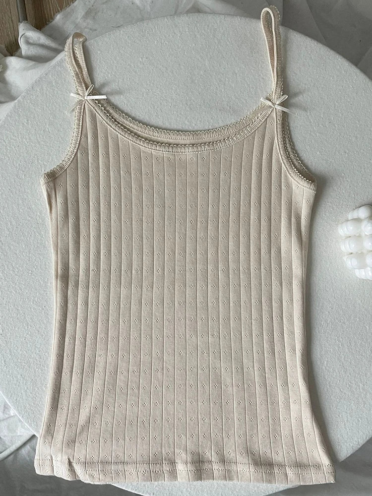 Bows Eyelet Sweet Slim Tank Top Women Lace Trim Cotton Sleeveless Summer Camis Vests Sweet Preppy Style Solid Crop Top Y2k