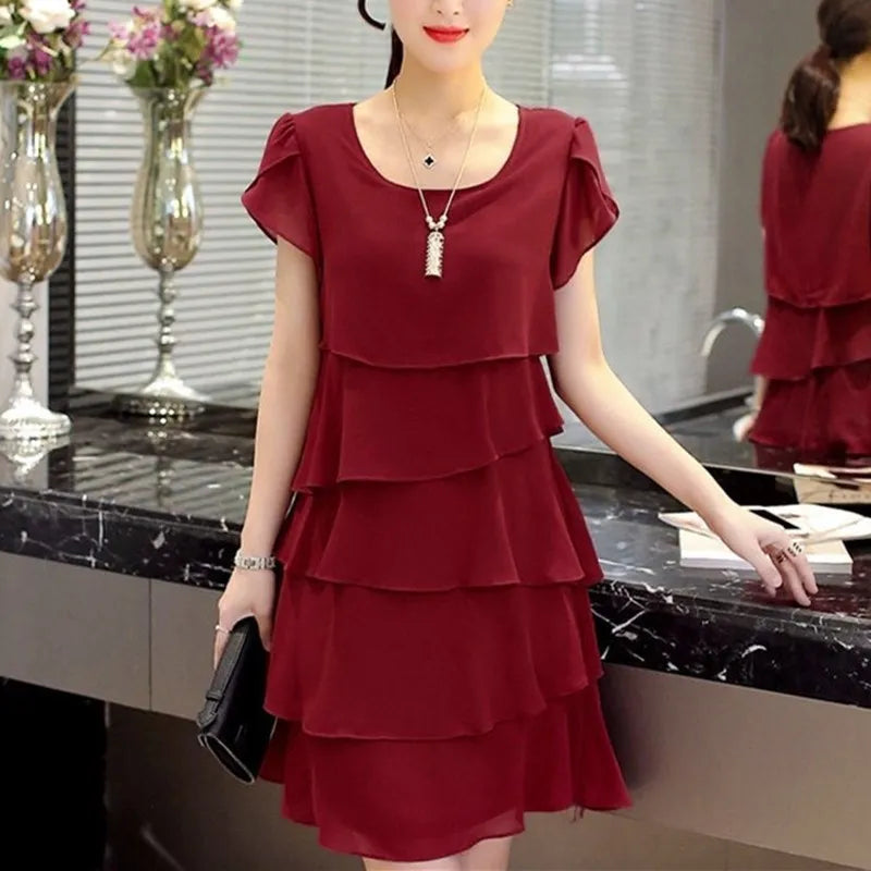 Women's Ruffle Chiffon Mini Dress — Sweet Solid Short-Sleeve O-Neck Dress