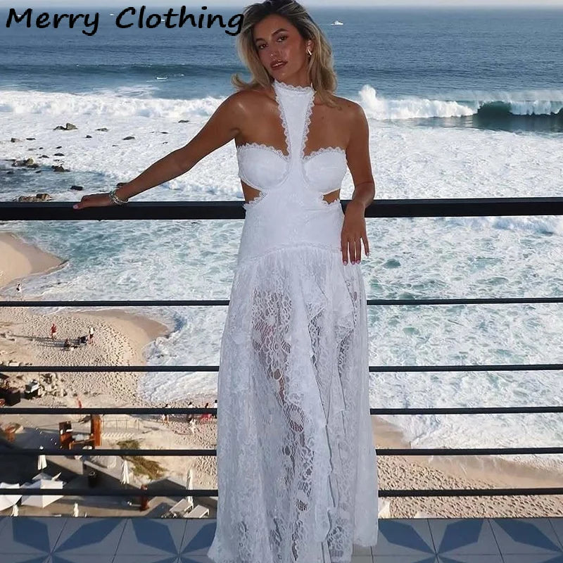 Sexy Lace Patchwork Dress Women Hollow Out Sleeveless Party Club Long Skirt See Through Halter Evening Gown Vacation Lady Robes