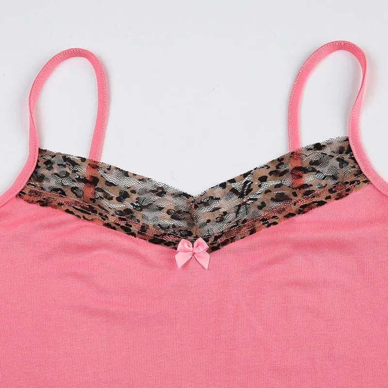 Women's Vintage Leopard Print Crop Top - Sleeveless, Cute Bow Patchwork, Y2K Style, Casual Tees